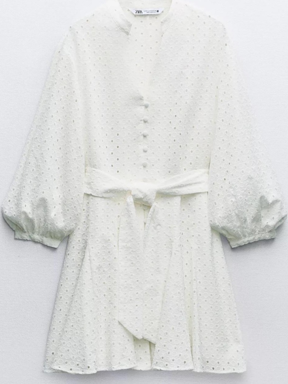 Zara Cream Eyelet Tie-Waist Long Sleeve Mini Dress